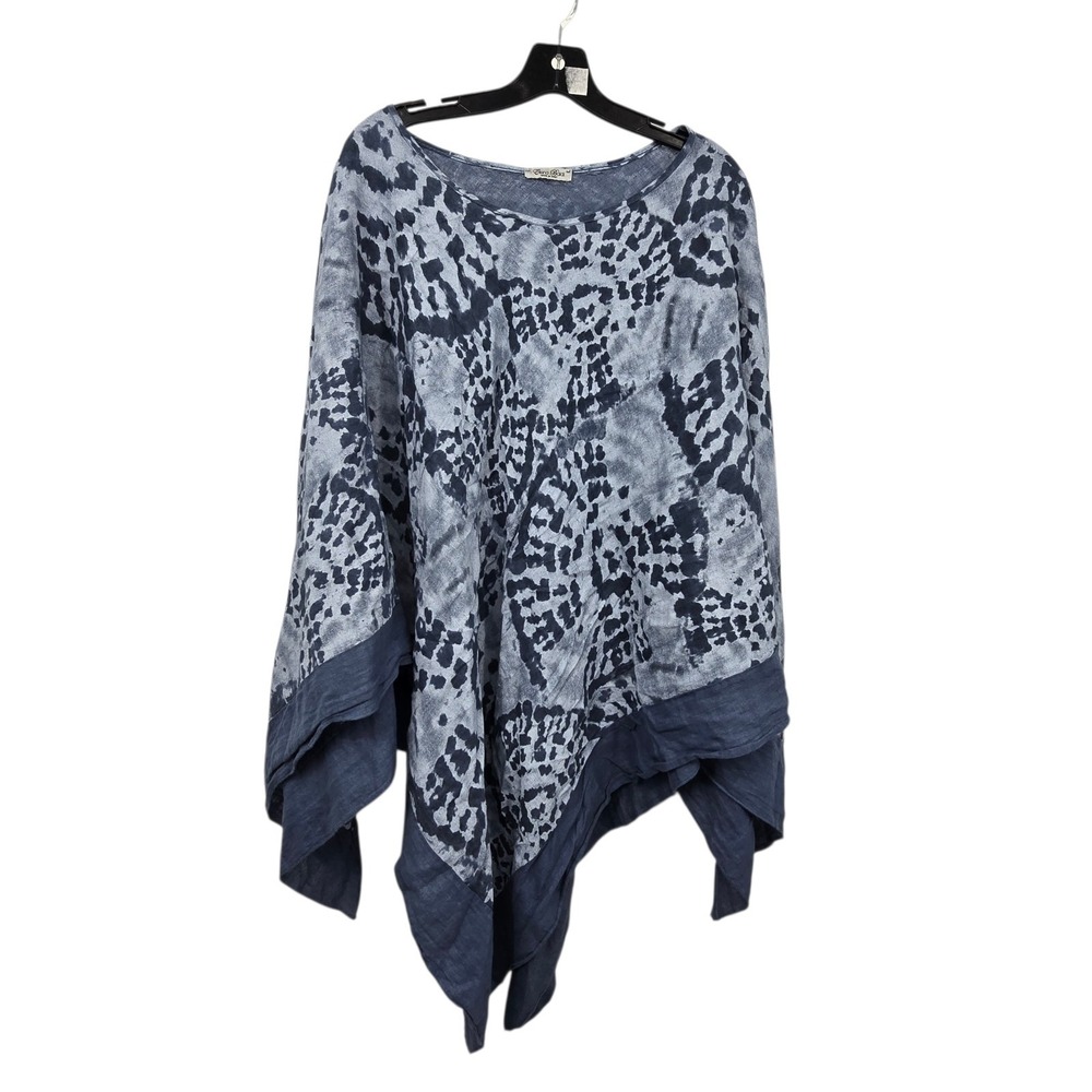 Elena Baldi Linen Blend Poncho Top OS One Size Denim Blue Italian Resort Coastal